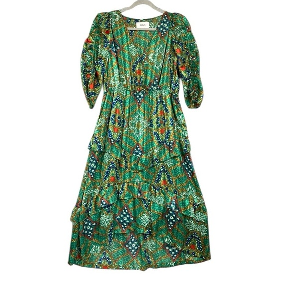 ba&sh Happy Dress Tiered Ruffle Shimmer Metallic High Low Midi Sz 3 Large Green - Picture 2 of 11